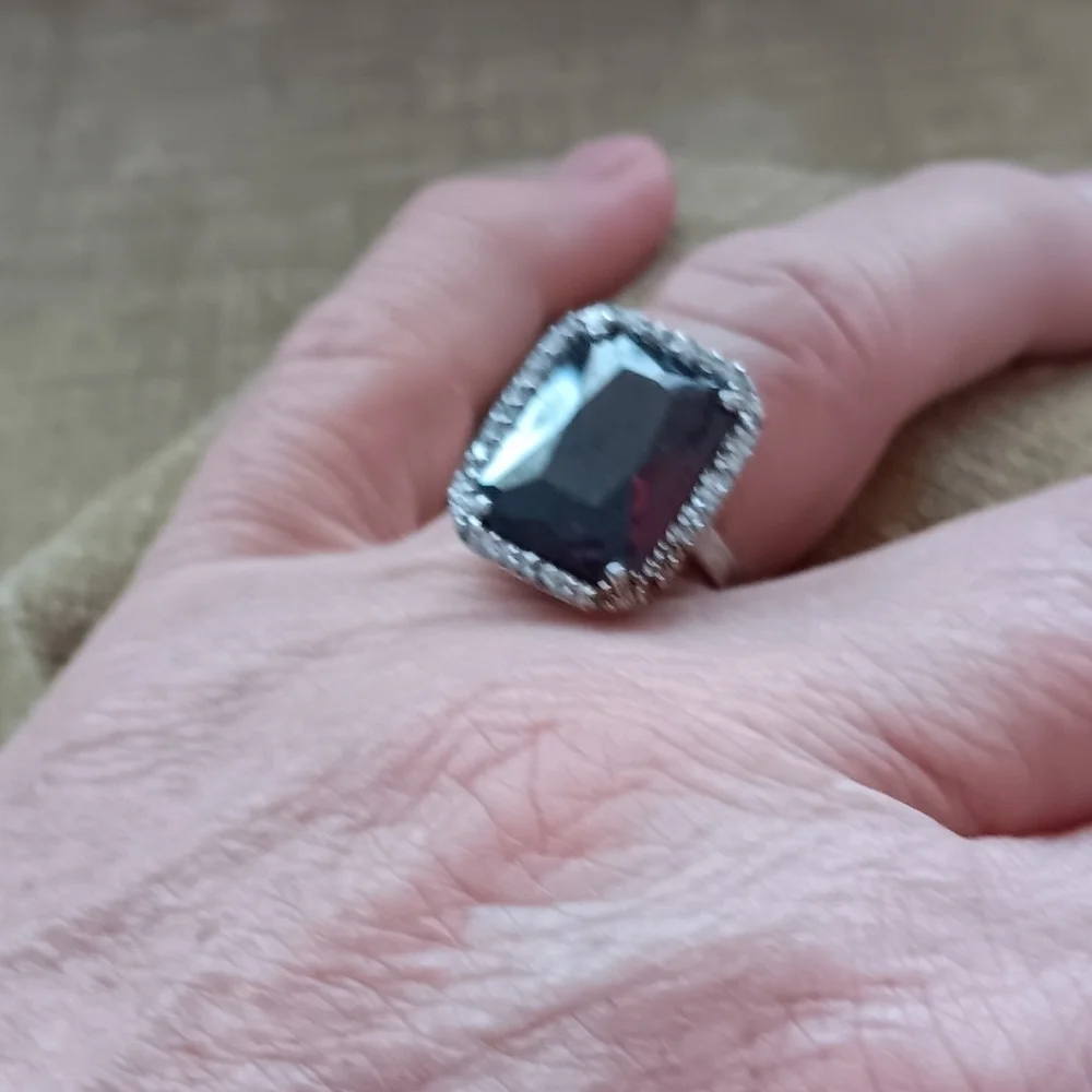 Rectangular Multi Faceted Deep Red Glass Silver Ring